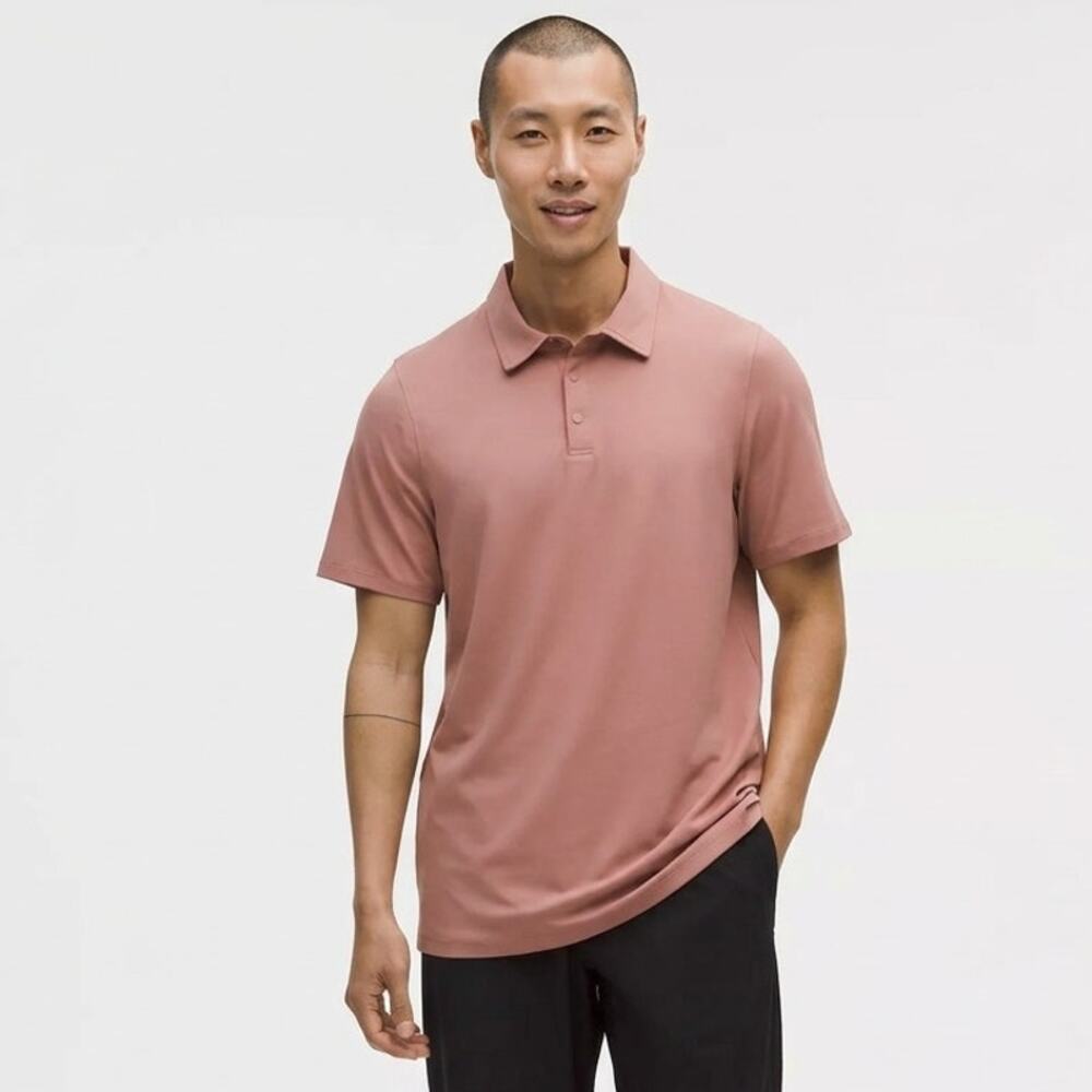 Lululemon Polo Shirt Mens L Mauve-Pink Classic Fit Short Sleeve Slit Hem Logo